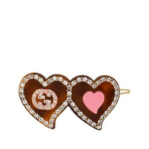 NEW GUCCI  Interlocking G Hearts Hair Clip $500 Brown Crystal